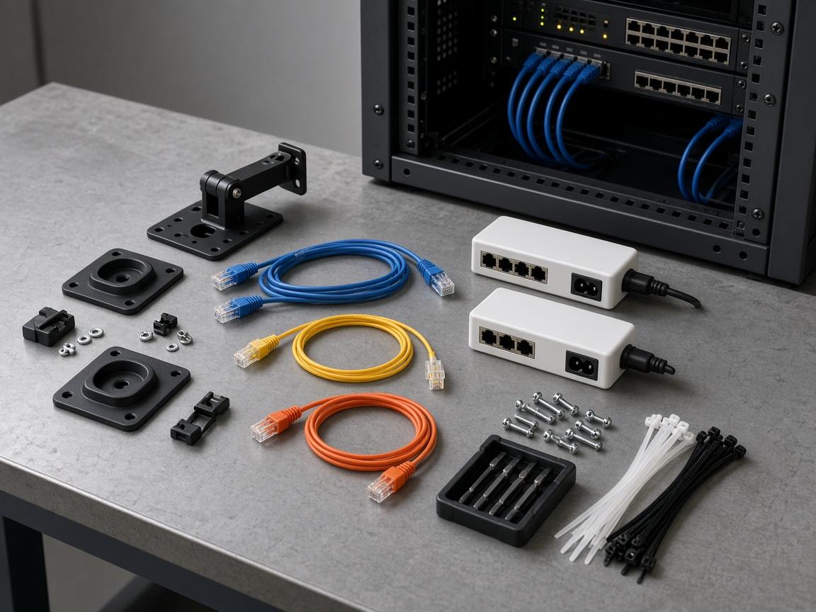 Camera mounts, patch cords, and rack accessories arranged on a workbench