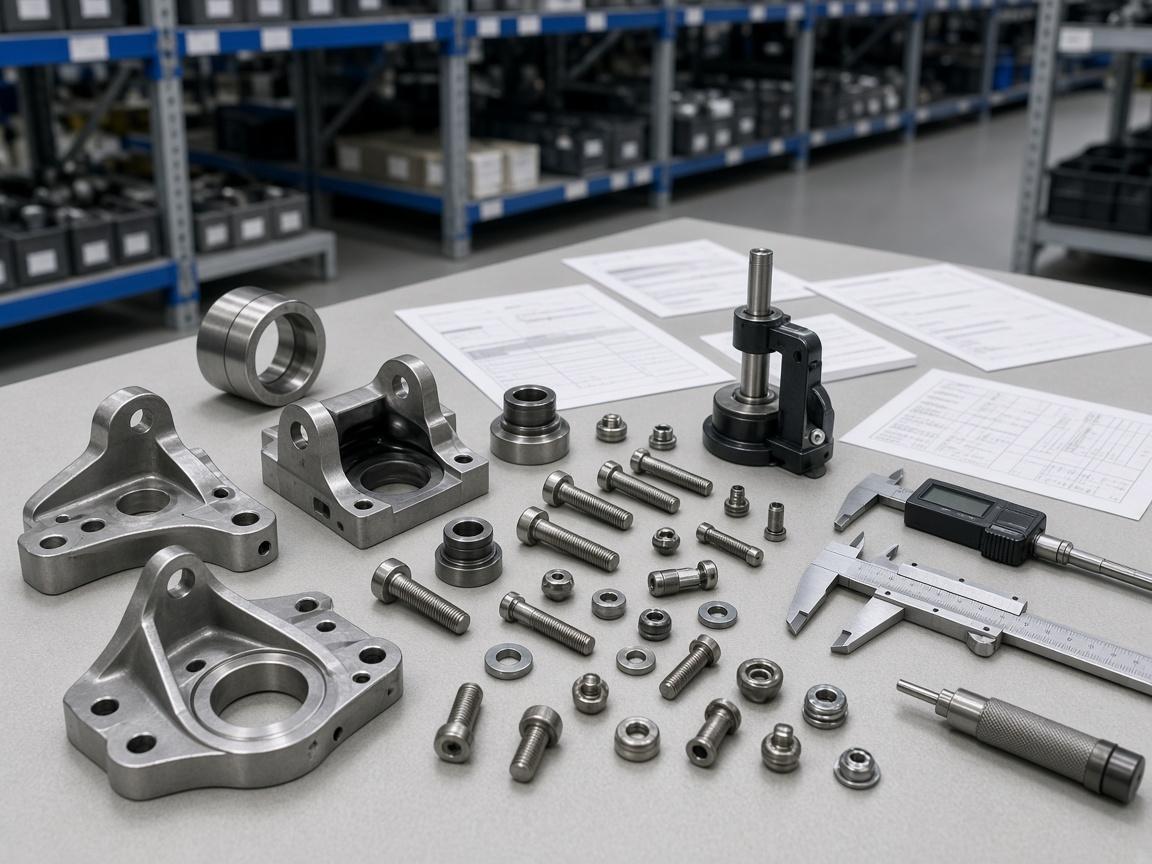 Aerospace parts and test instruments laid out for inspection and procurement