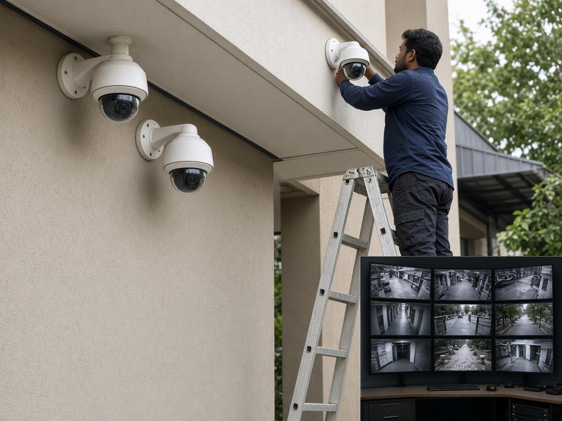 Outdoor CCTV cameras on a building with a control-room monitor wall