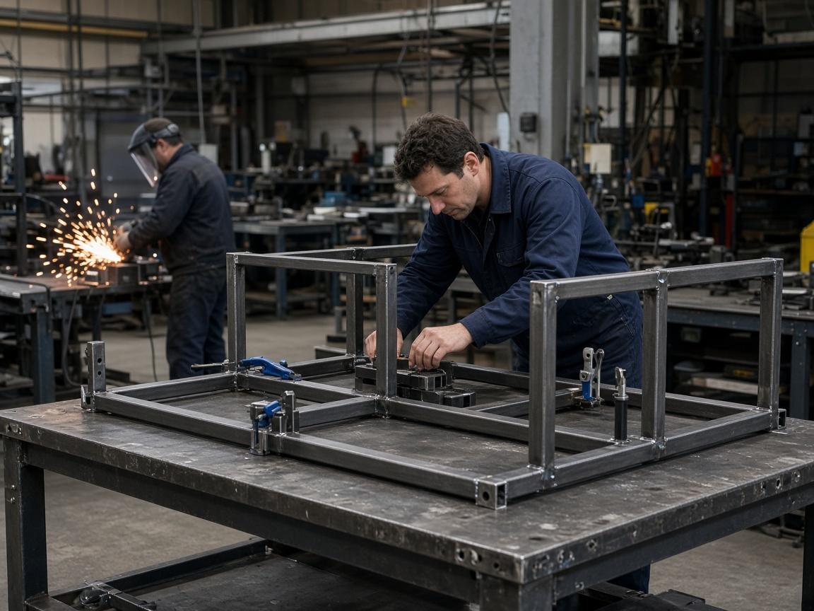 Custom steel lab tables and rack frames being fabricated in a workshop