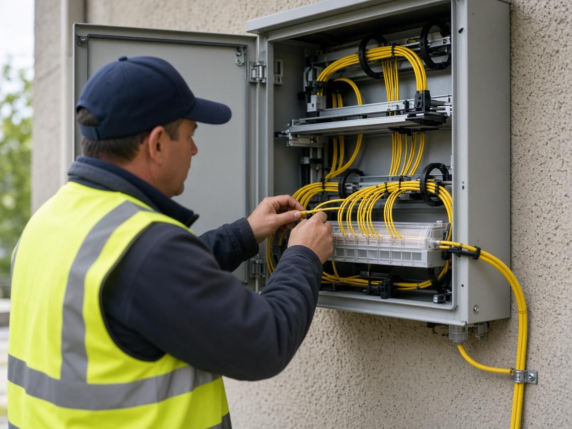 Technician terminating outdoor fibre at a building entry cabinet