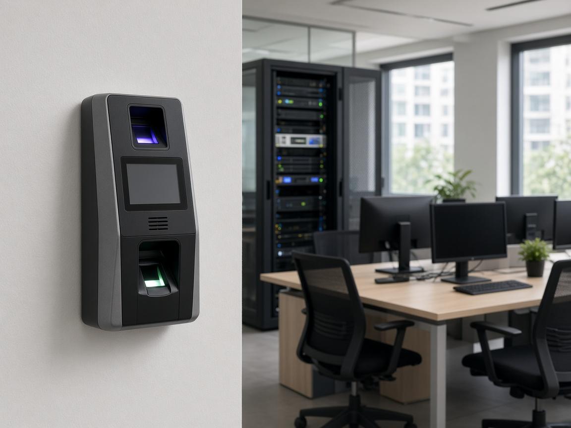 Biometric attendance terminal and office computers in a workplace IT setup