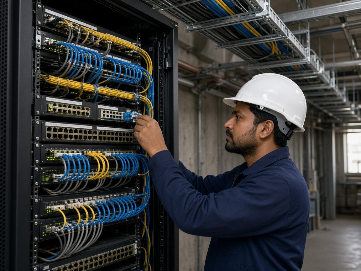 Engineer checking structured cabling and network racks in an industrial facility