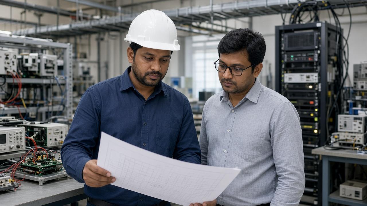 Engineers reviewing drawings and systems together in an industrial laboratory