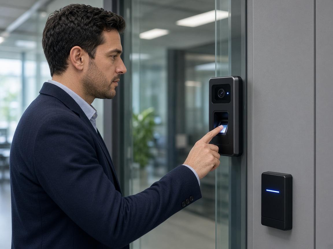 Biometric attendance terminal on an office door