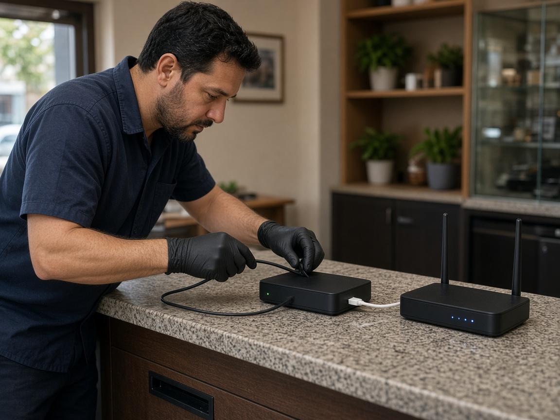Technician installing a cable modem and Wi-Fi router