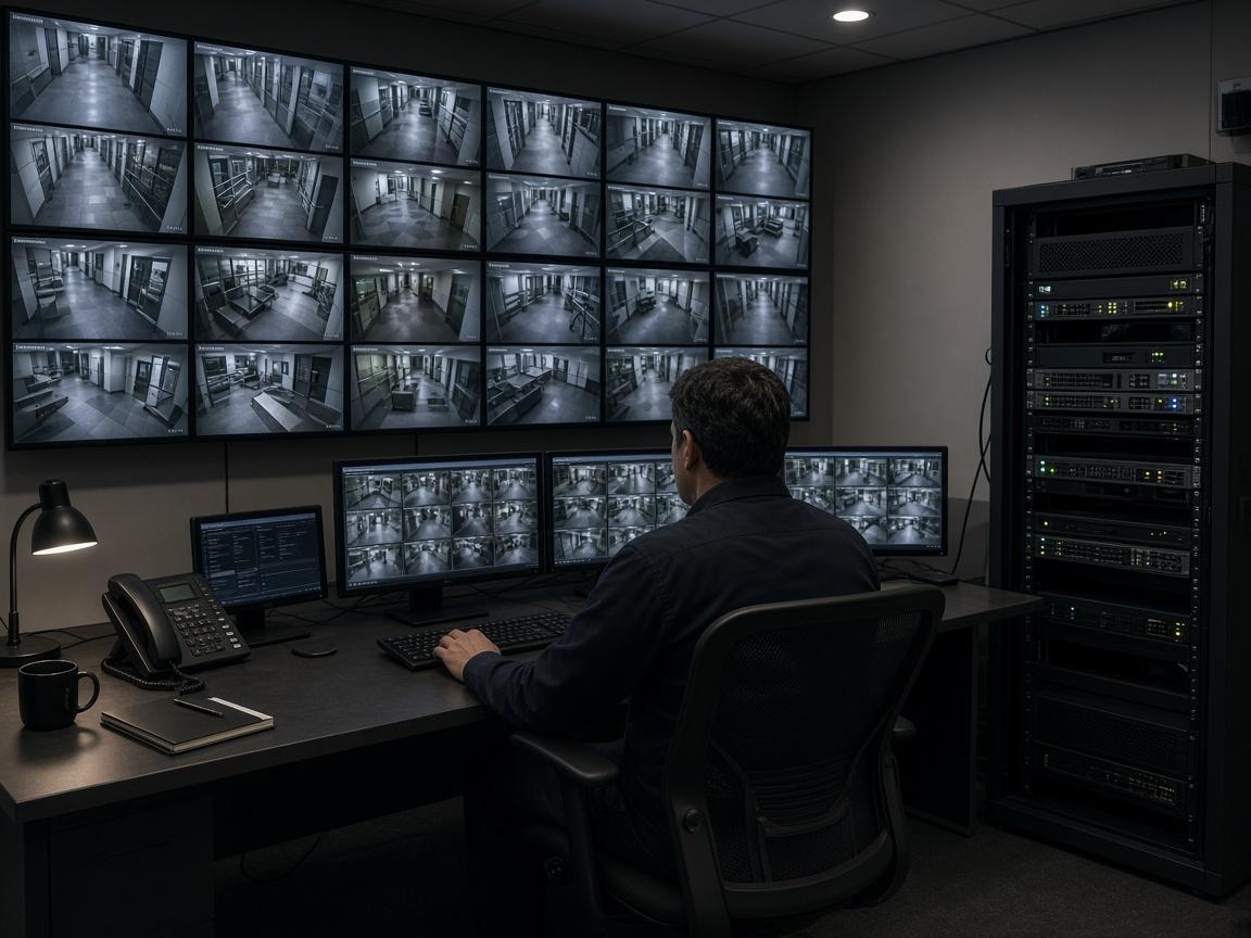 CCTV control room with monitor wall and NVR rack