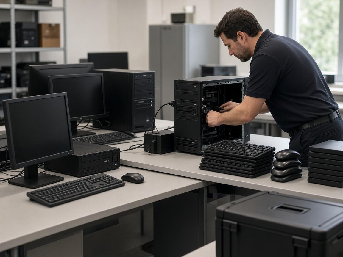 Desktops and workstations being set up on an office bench