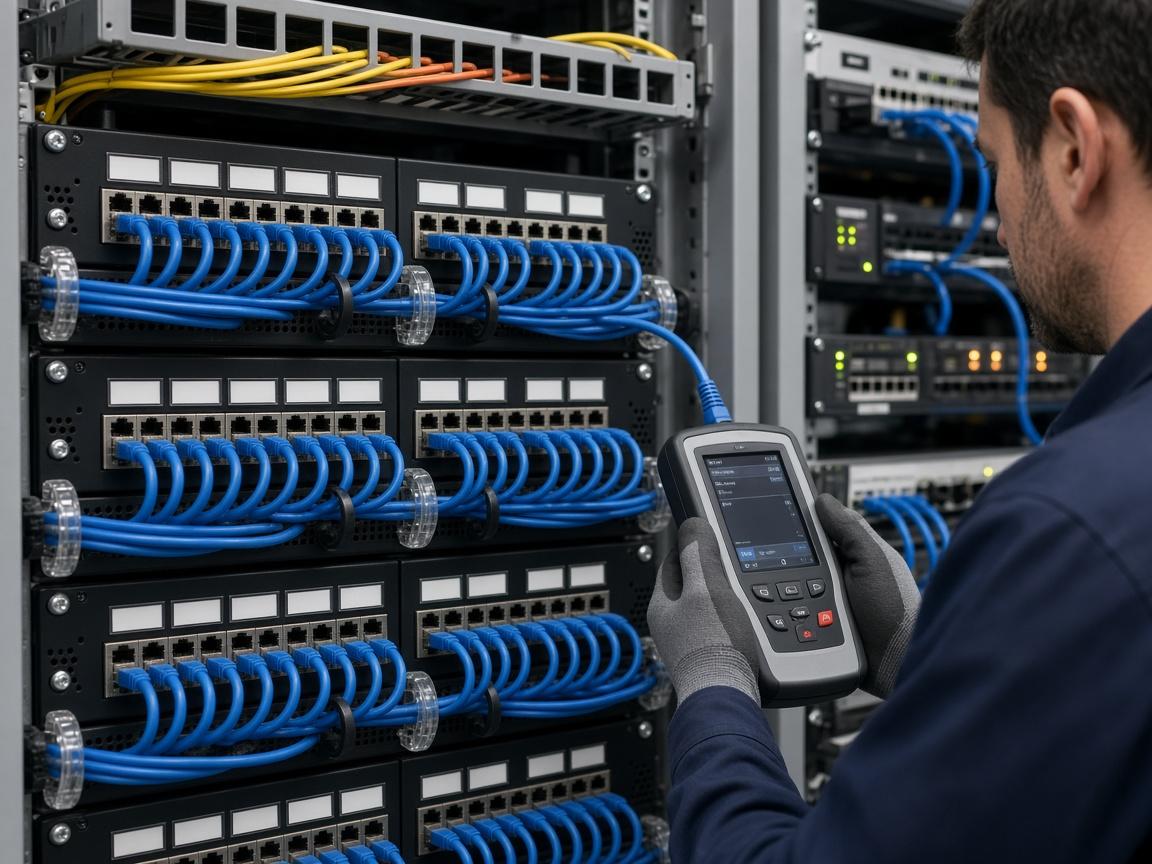 Patch panels, fibre trays, and switches in a data room