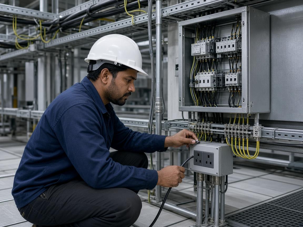 Electrician installing cable trays and distribution points on an IT floor