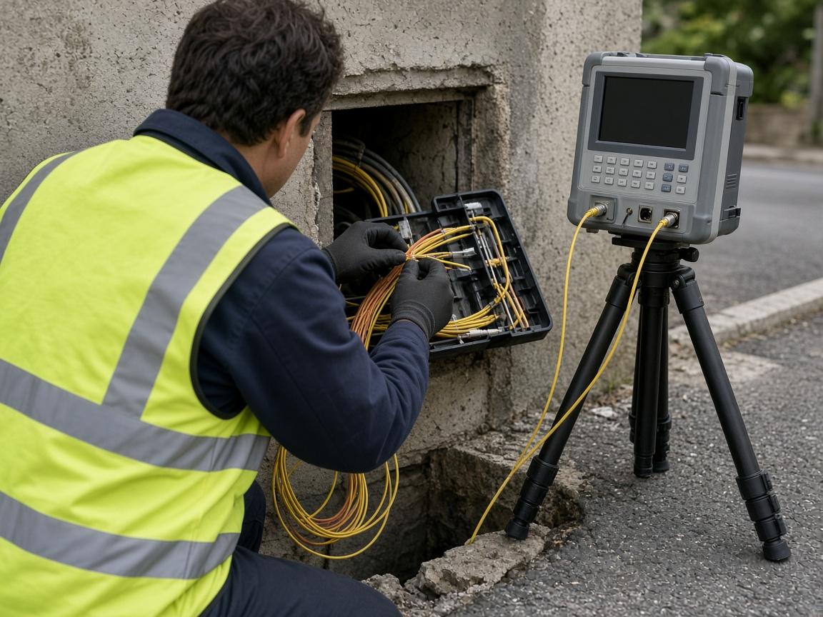 Outdoor optical fibre being spliced and tested