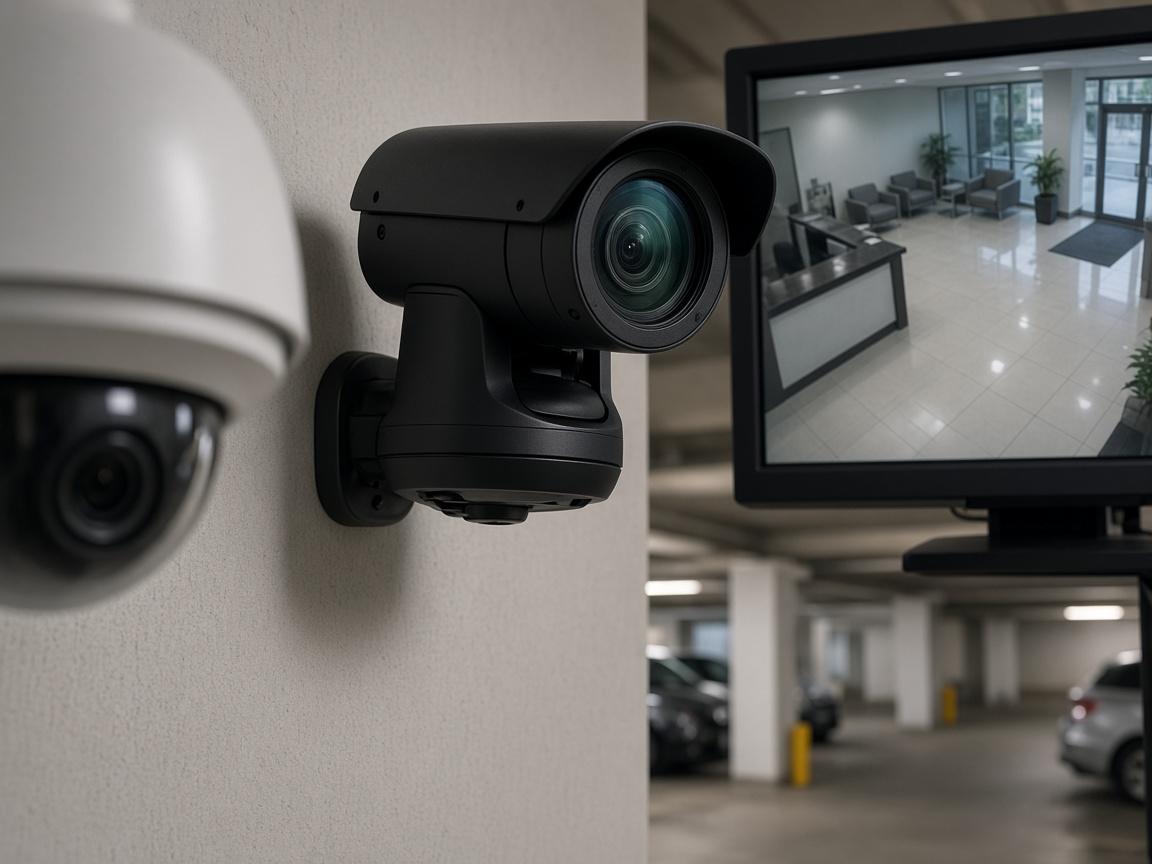 HD turret and PTZ cameras covering a lobby and parking area