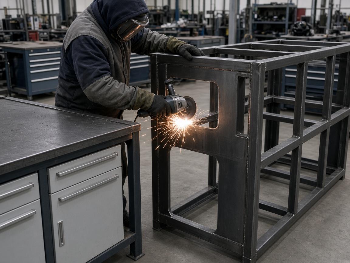 Custom lab table and welded server rack frame in a workshop