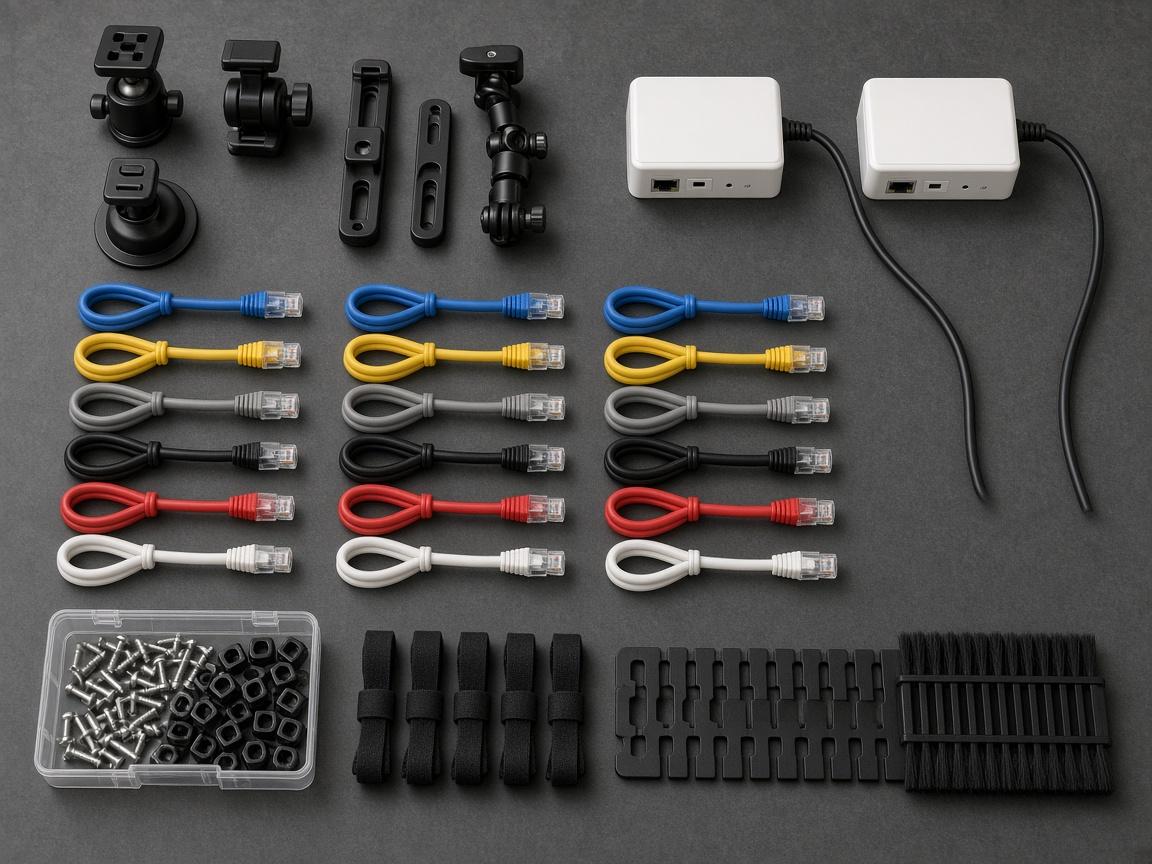 Camera mounts, patch cords, and rack hardware for an installation