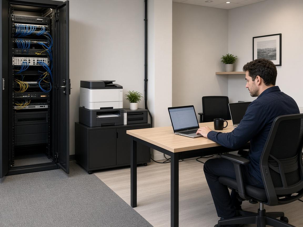 Facility IT closet, printers, and laptops in a new office