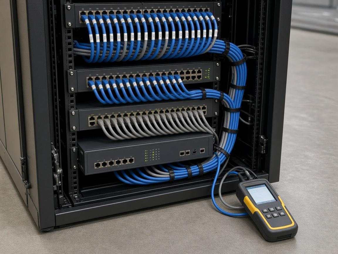 Switches, firewall, and labelled cabling in a network rack