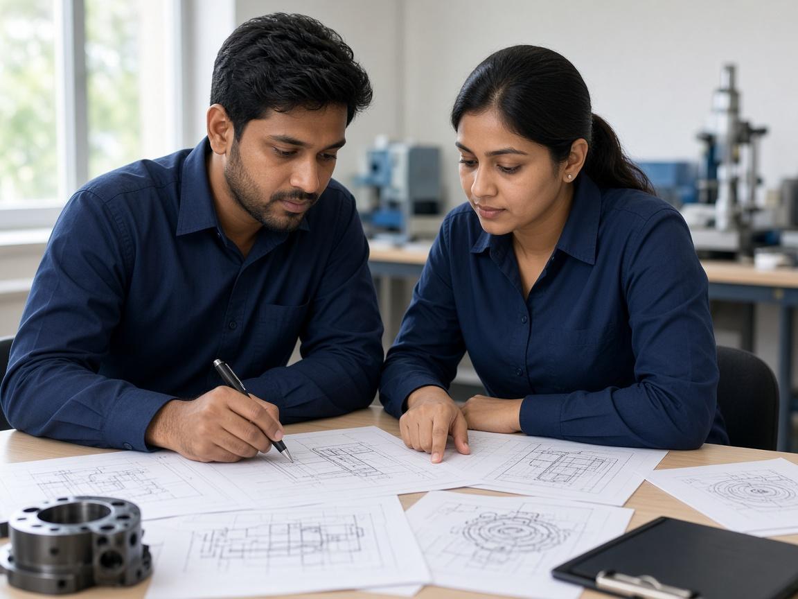 Engineers reviewing CAD drawings and technical documentation at a workstation