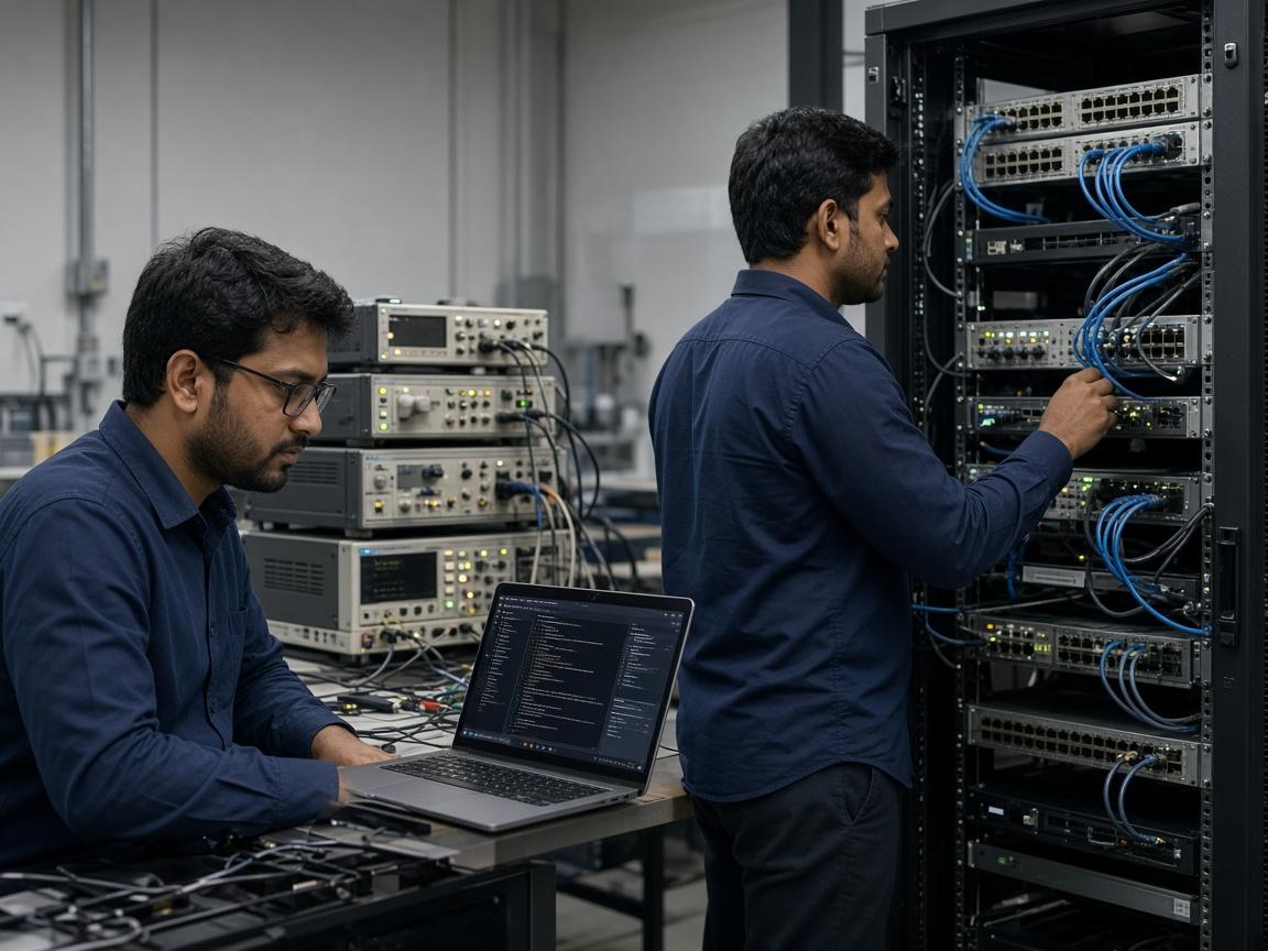 Engineers working on test instruments, software, and a network rack