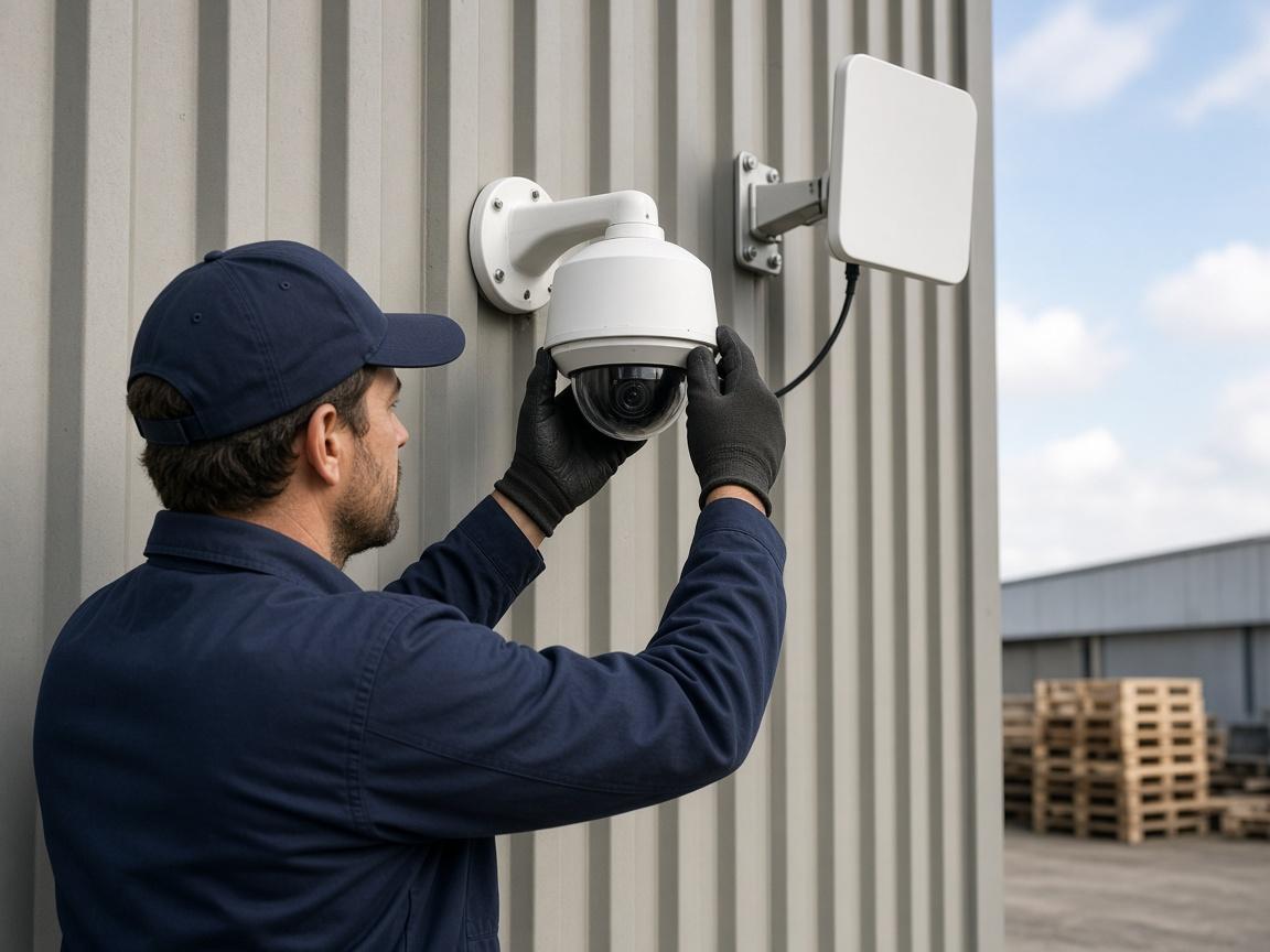 Outdoor wireless CCTV camera on a warehouse wall
